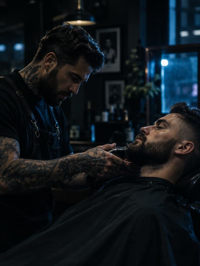 Barbiere che regola la barba a un cliente