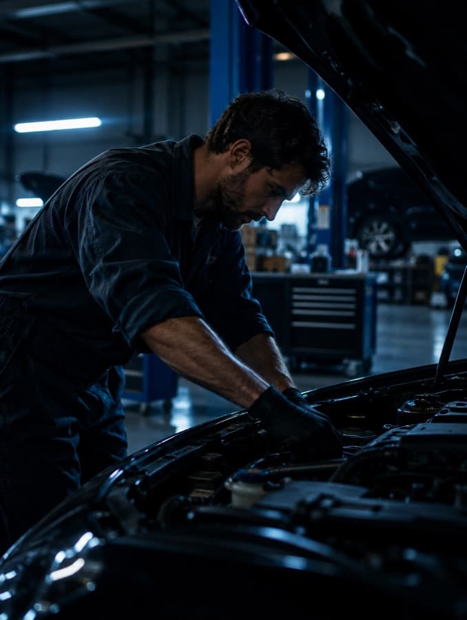 Meccanico al lavoro sul motore di un'auto